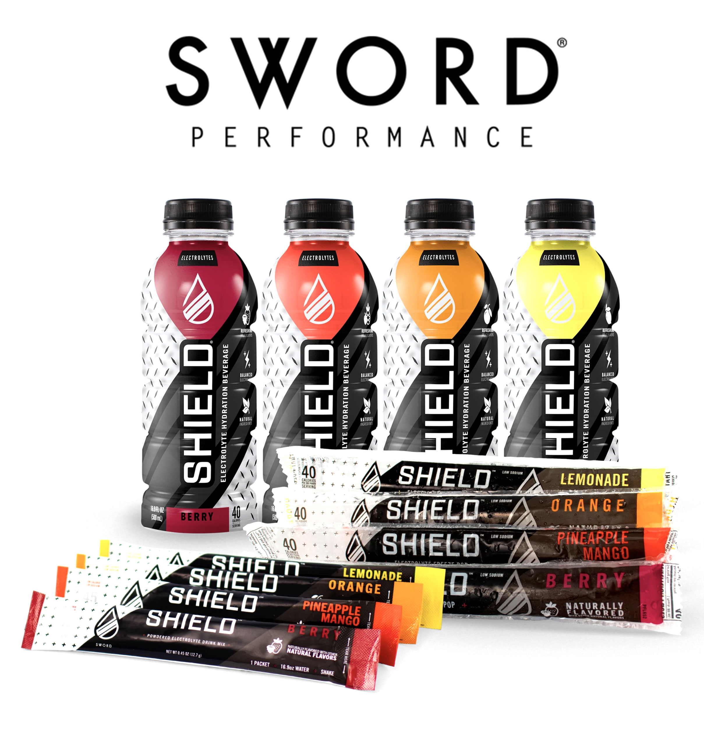 SWORD Performance Hydration Products, Shield, Drinkable PPE, Ice Pops, Ready to Drink Beverages, Powder Singles